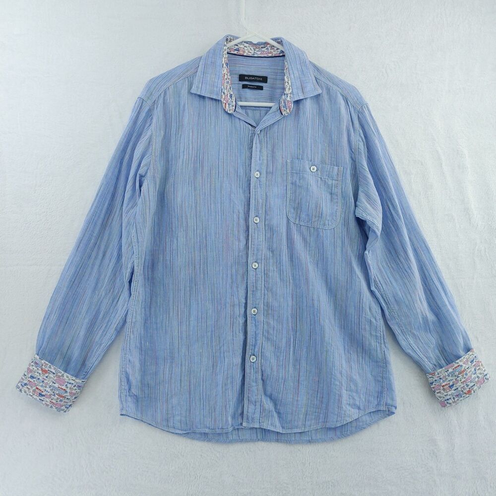 BUGATCHI Shaped Fit Blue Striped Linen Button-Up Shirt Flip Cuff Cars Signs READ